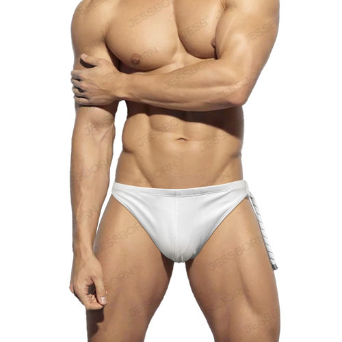 JESSBORN单边系绳男士三角泳裤侧开纯色游泳裤性感低腰温泉泳装