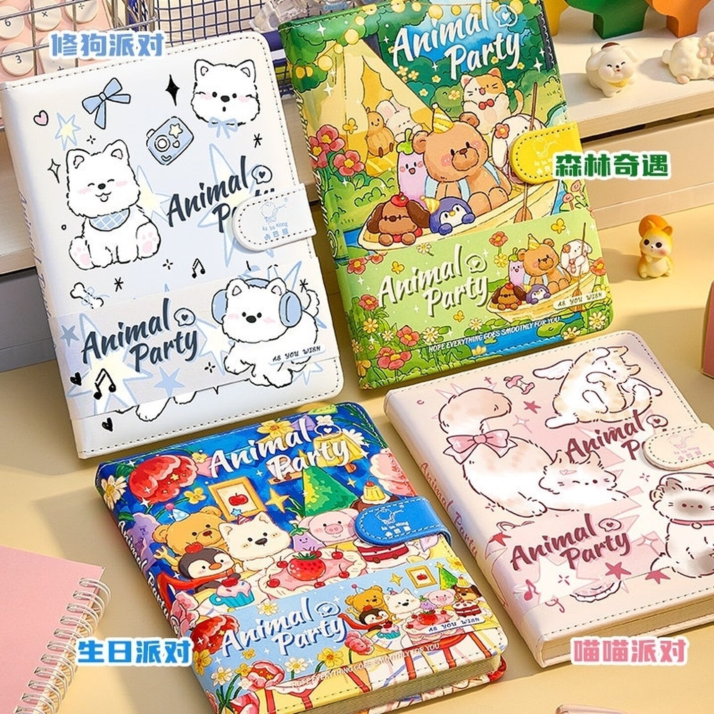 喵喵派对笔记本女生可爱小本子内页手帐本皮面记事本初中礼物加厚