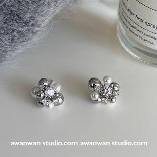 银色微镶花球耳钉女2026新款爆款气质耳环轻奢小众设计高级感耳饰