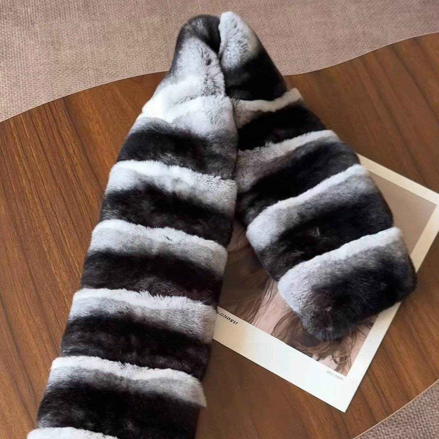 龙猫款~软乎乎拼接条纹仿水貂毛加厚保暖围脖旅游度假拍照围巾女