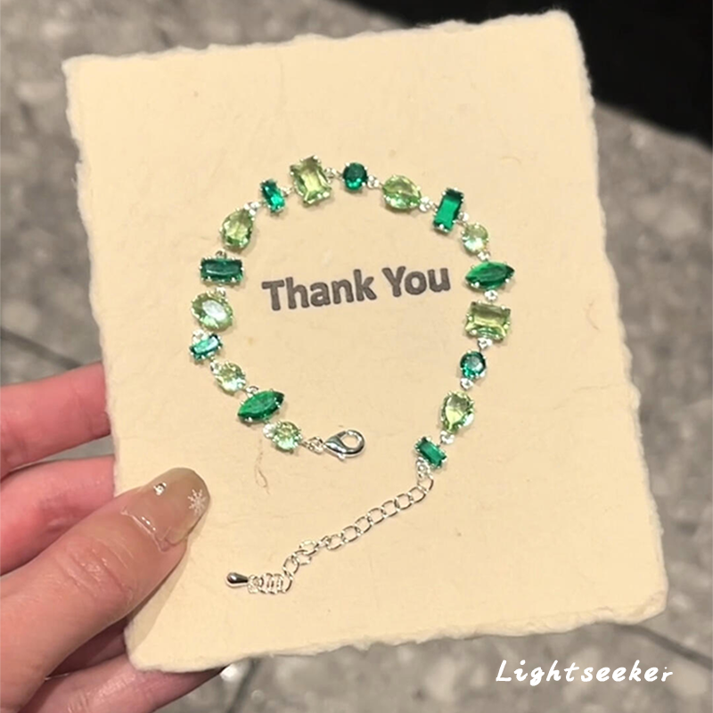 爆闪森系绿几何锆石流苏手链纯银