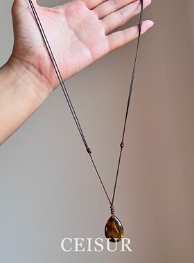 复古美拉德水滴仿虎眼石吊坠项链