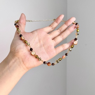 琥珀流光不规则仿虎眼石串珠项链女款2026新款轻奢小众长款毛衣链