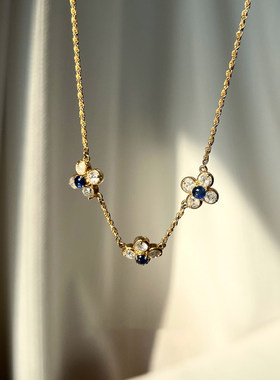 复古蓝色花朵项链女款高级感轻奢