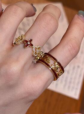 复古老钱风红色滴釉四叶草戒指女