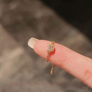 粉色方糖戒指女抽拉式链条可调节小众设计感甜美精致高级感食指戒