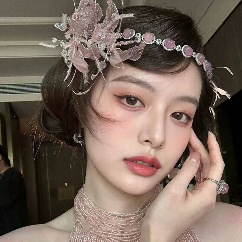 复古风闪钻羽毛发带轻奢高级感