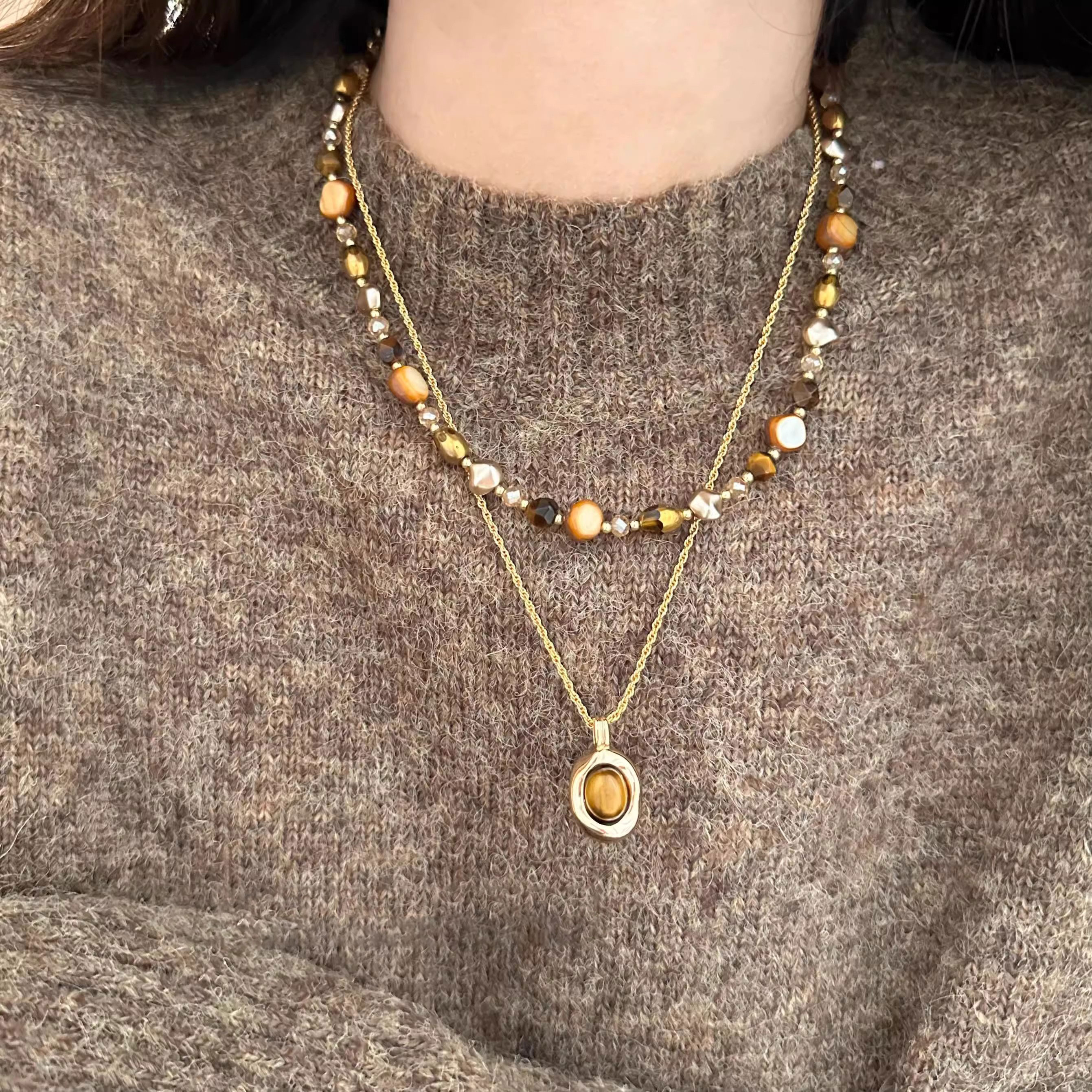 天然美拉德虎眼石串珠项链女秋冬