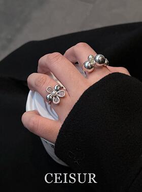 冷淡风芭蕾银色珠子花朵戒指简约