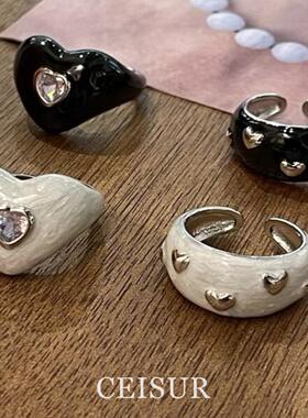 滴釉黑白爱心戒指小众设计食指戒