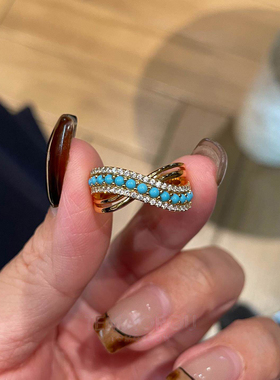 仿绿松石交错金色戒指女复古高级