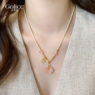 新中式粉色桃花祥云锁吊坠编绳项链女款2026新款气质国风锁骨链