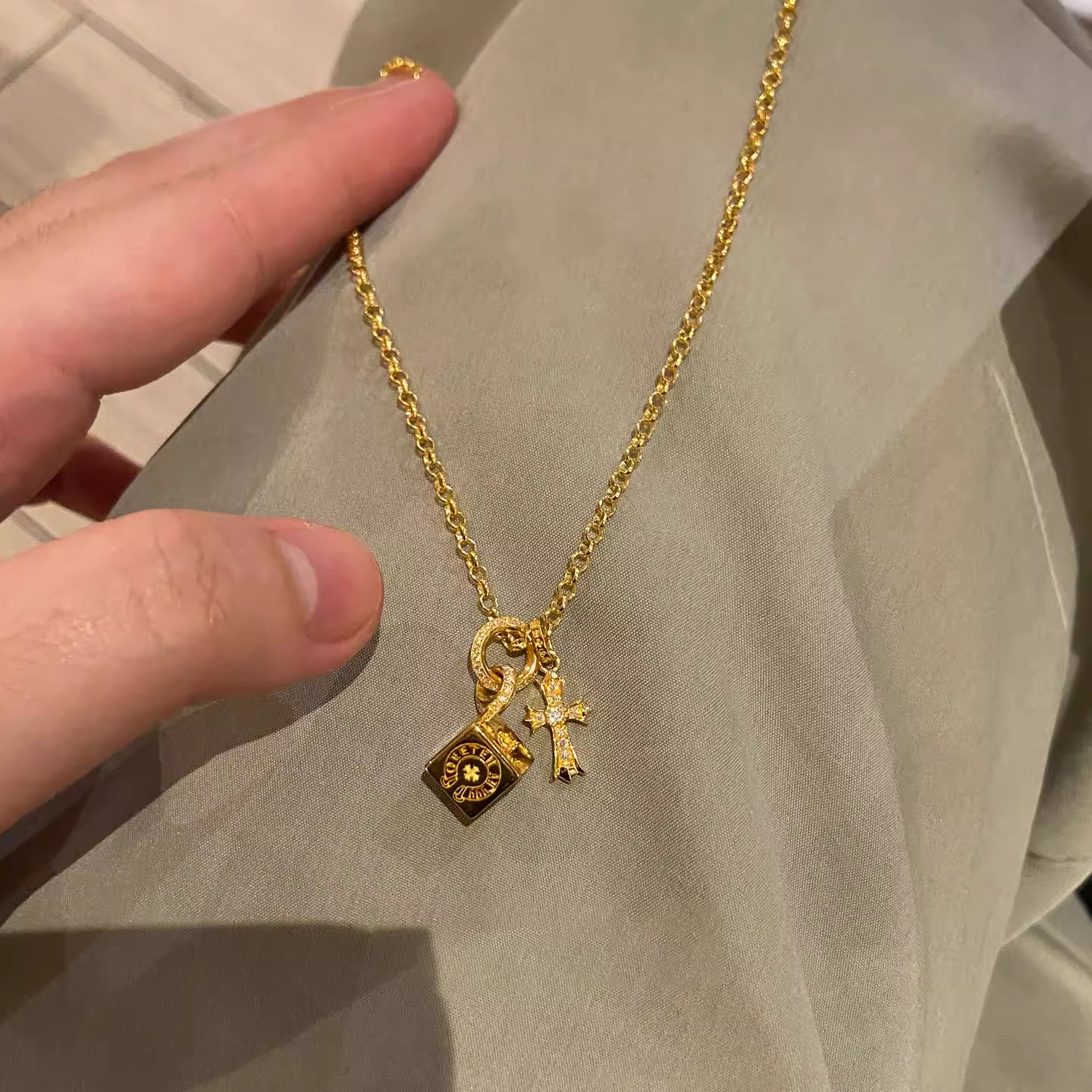 跑环十字架小方块吊坠项链中古