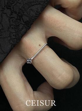 极简平行杠黑色花朵戒指女士小众