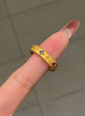 彩色仿宝石星芒宽口金色戒指中古