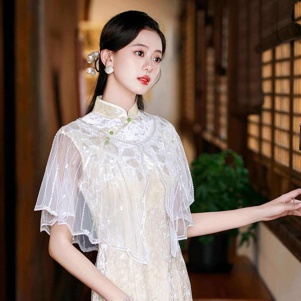 夏季薄款网纱亮片披肩旗袍宴会礼服连衣裙外搭圆领开衫斗篷小披风