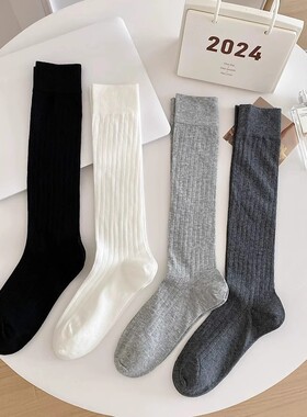 女款纯色竖条纹小腿袜显瘦jk风四季款微压脚感学院风穿搭