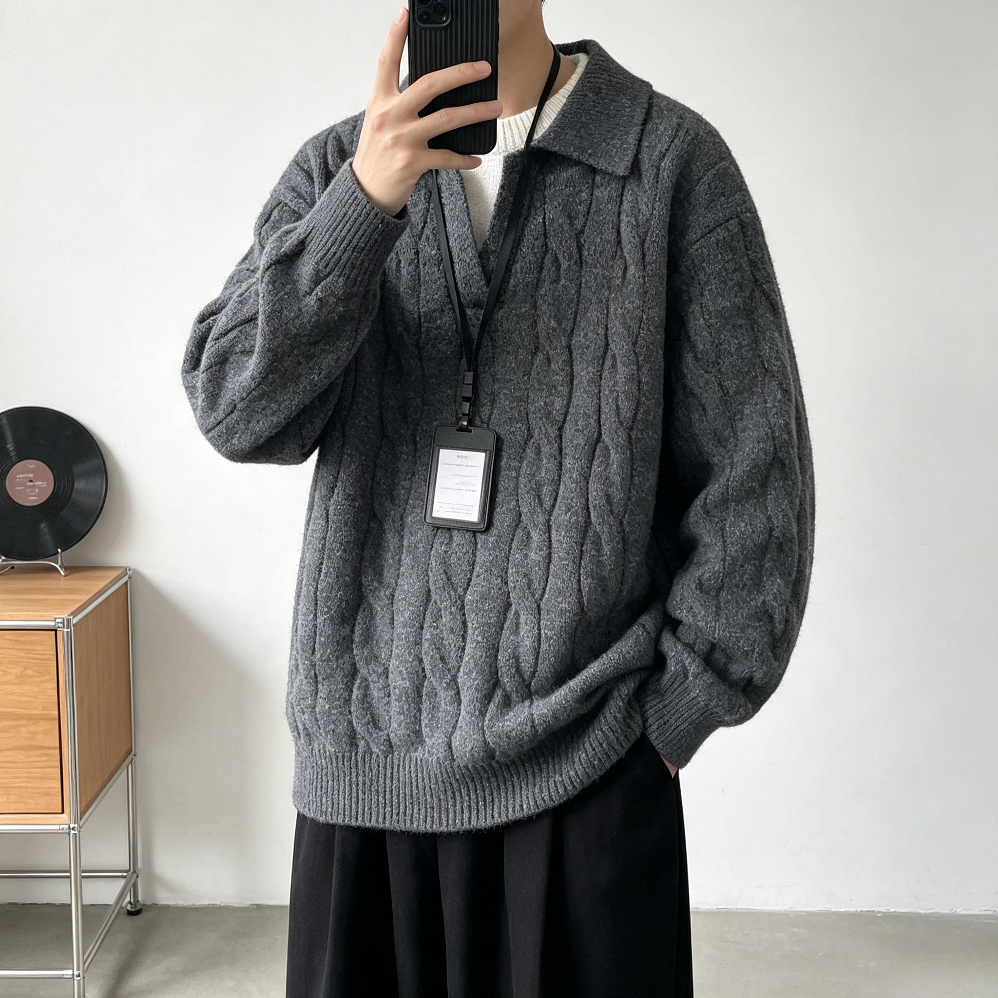 老钱风加厚宽松假两件新款复古麻花针织衫翻领毛衣男款秋冬毛线衣