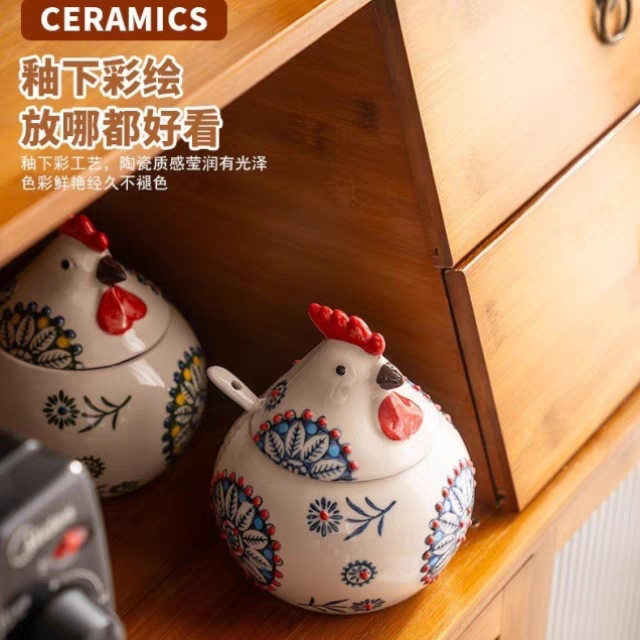 小鸡陶瓷调料罐盐罐厨房家用高端调味罐防潮佐料盒辣子罐带盖带勺