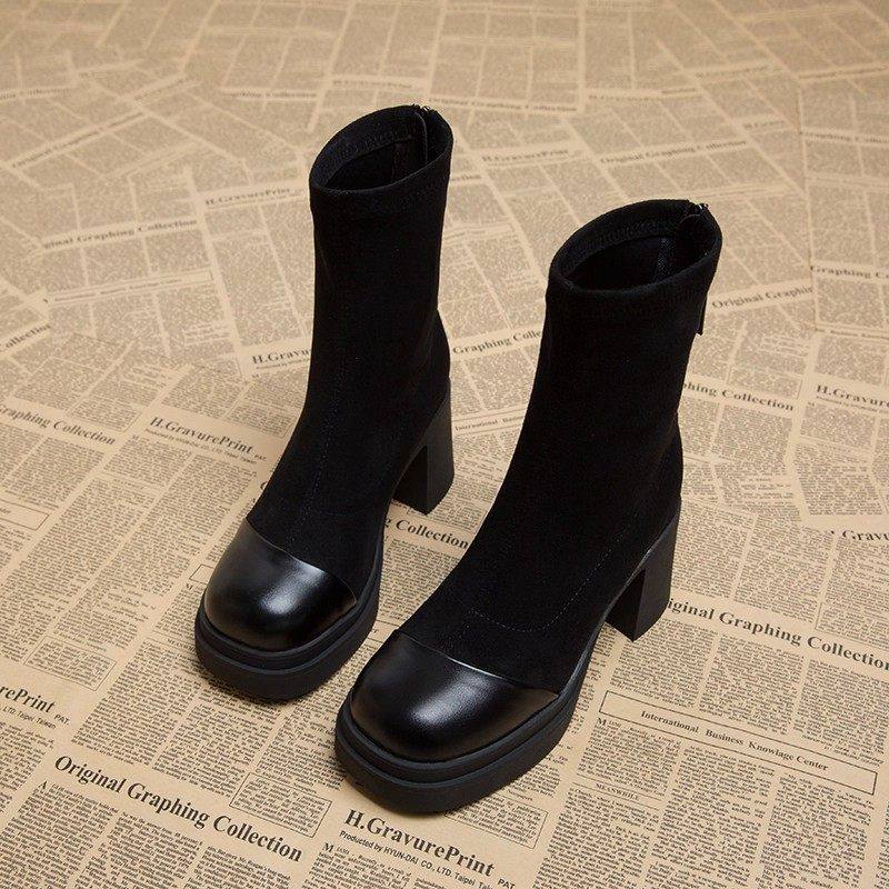 欧货高跟短靴女2025新款小个子显高秋冬瘦瘦配裙子厚底加绒马丁靴