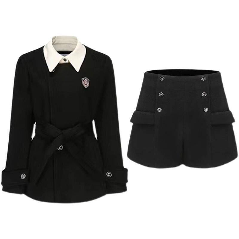 艾玲儿假两件西装外套女秋冬小个子收腰学院风高级感黑色西服套装