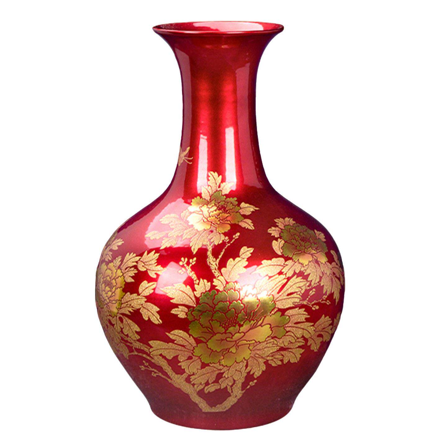 景德镇陶瓷花摆件中式客厅装饰品精品瓷器大花红色牡丹花