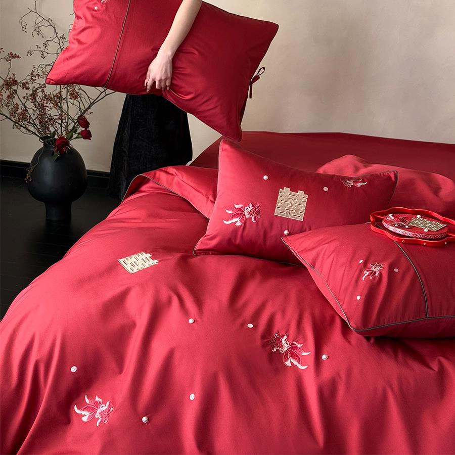 简约新中式婚庆四件套全棉大红色锦鲤刺绣结婚被套床单床上用品