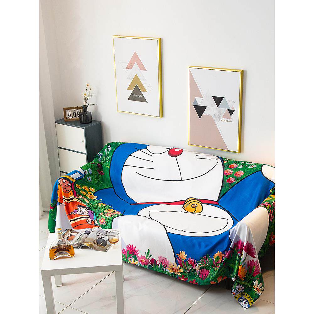 卡通动漫沙发垫大尺寸全盖布沙发扶手巾防尘单双人蓝胖子沙发罩套