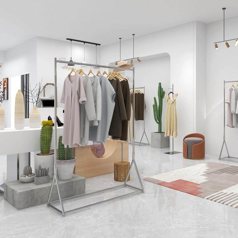服装店展示架落地式服架子不锈钢拉丝银色女装店挂衣架带轮可移动
