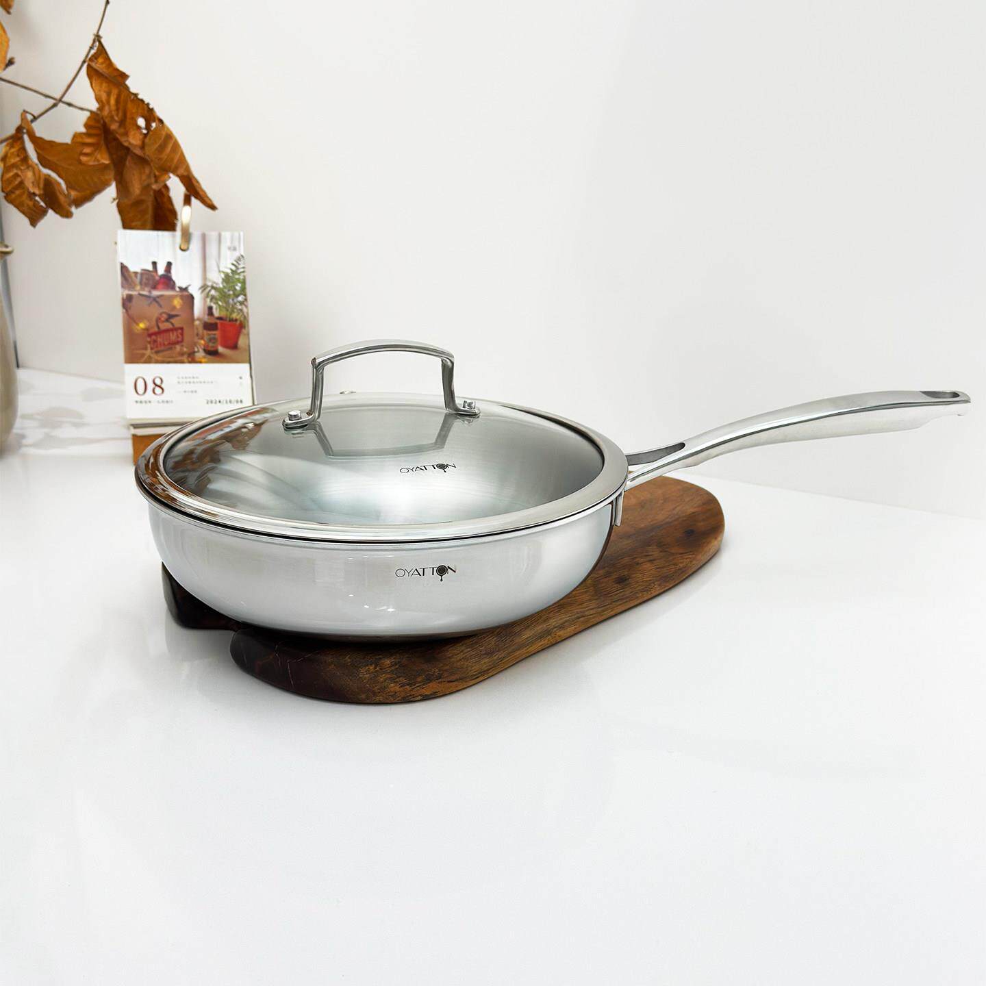 无涂层18/10不锈钢平底煎锅加深家用牛排煎蛋炒锅煎饼锅一体成型