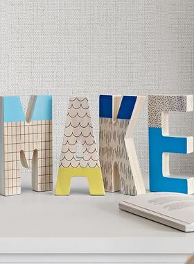 摆件家居饰品客厅电视室内餐桌装饰品儿童房实木创意字母小摆设品