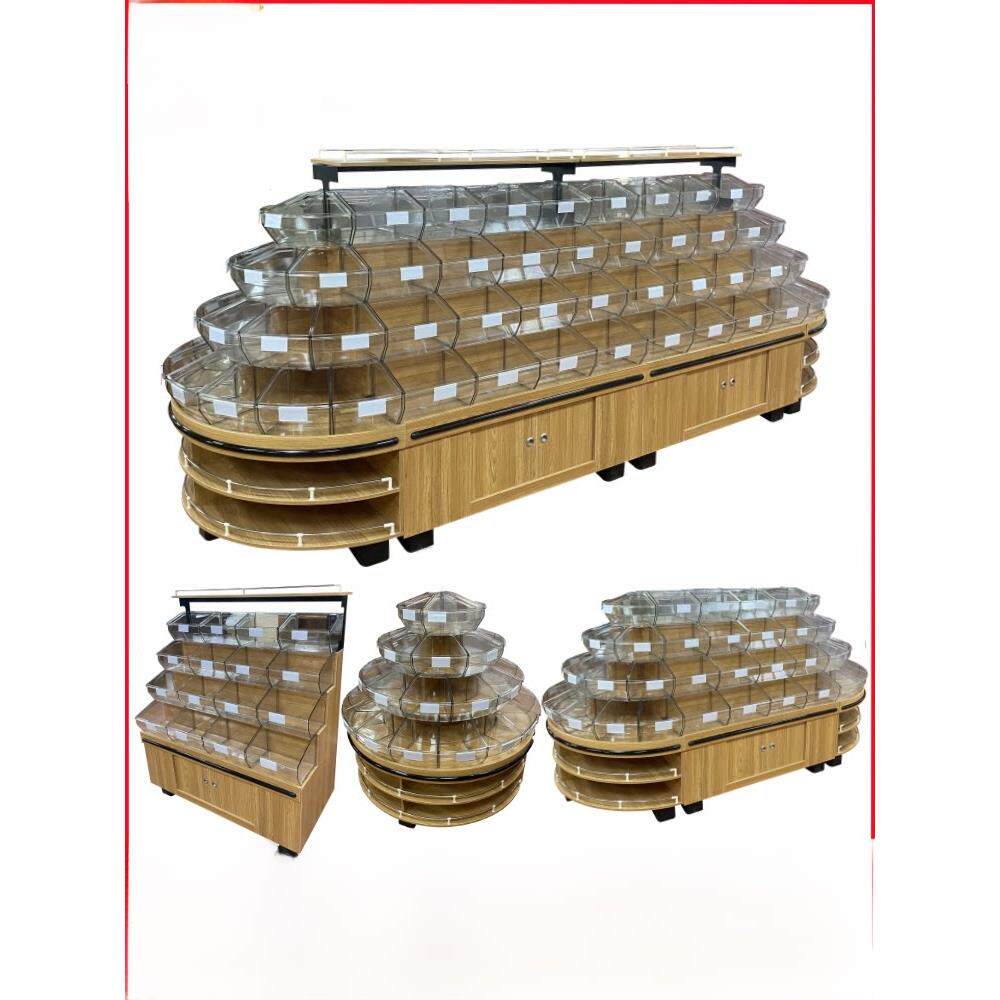 超市木质双面四层散装柜散装零食货架饼干休闲食品圆岛展示柜