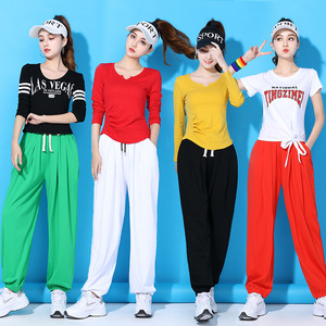 时尚广场舞服装新款春夏纯色T恤女运动练功服灯笼裤团体操曳步舞