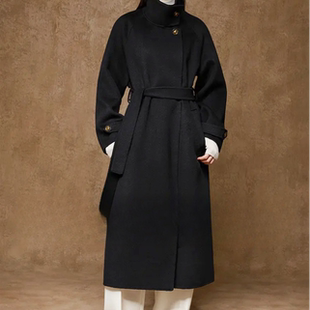 cold敌黑金100%初剪羊毛大衣2025秋新款 高领立领毛呢外套女 中长款