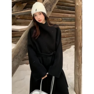 ANRAN2025新款秋冬高级感立领羊毛毛呢外套女安可拉红羊毛大衣