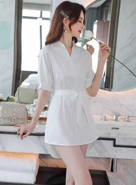 春夏新款夜店大码白色衬衫睡衣女气质韩版宽松睡裙性感可外穿衬衣