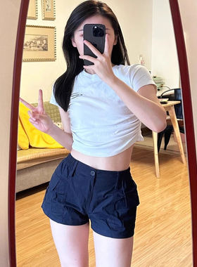 PAI美式复古水洗工装贴袋短裤时尚百搭军绿色松紧腰拼接式热裤女