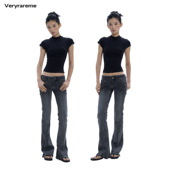 Veryrareme 黑灰色复古低腰铆钉马蹄裤