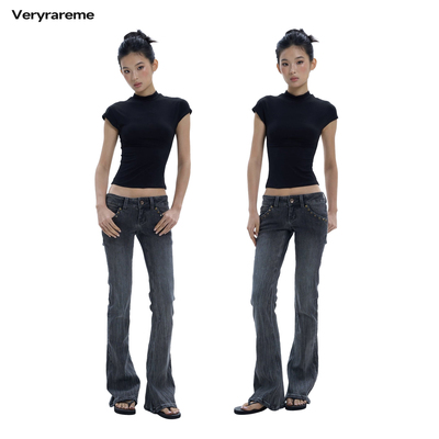 Veryrareme 黑灰色复古低腰铆钉马蹄裤