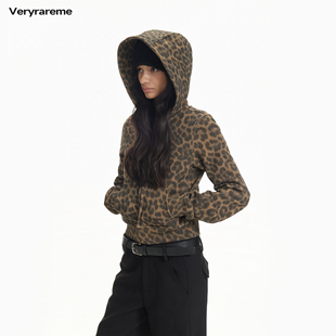 Veryrareme 豹纹加绒连帽卫衣女加厚拉链开衫外套