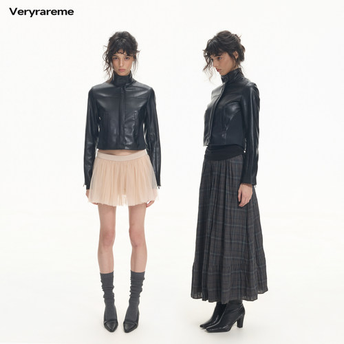 Veryrareme 黑色修身短款皮衣女 立领机车风短夹克短外套