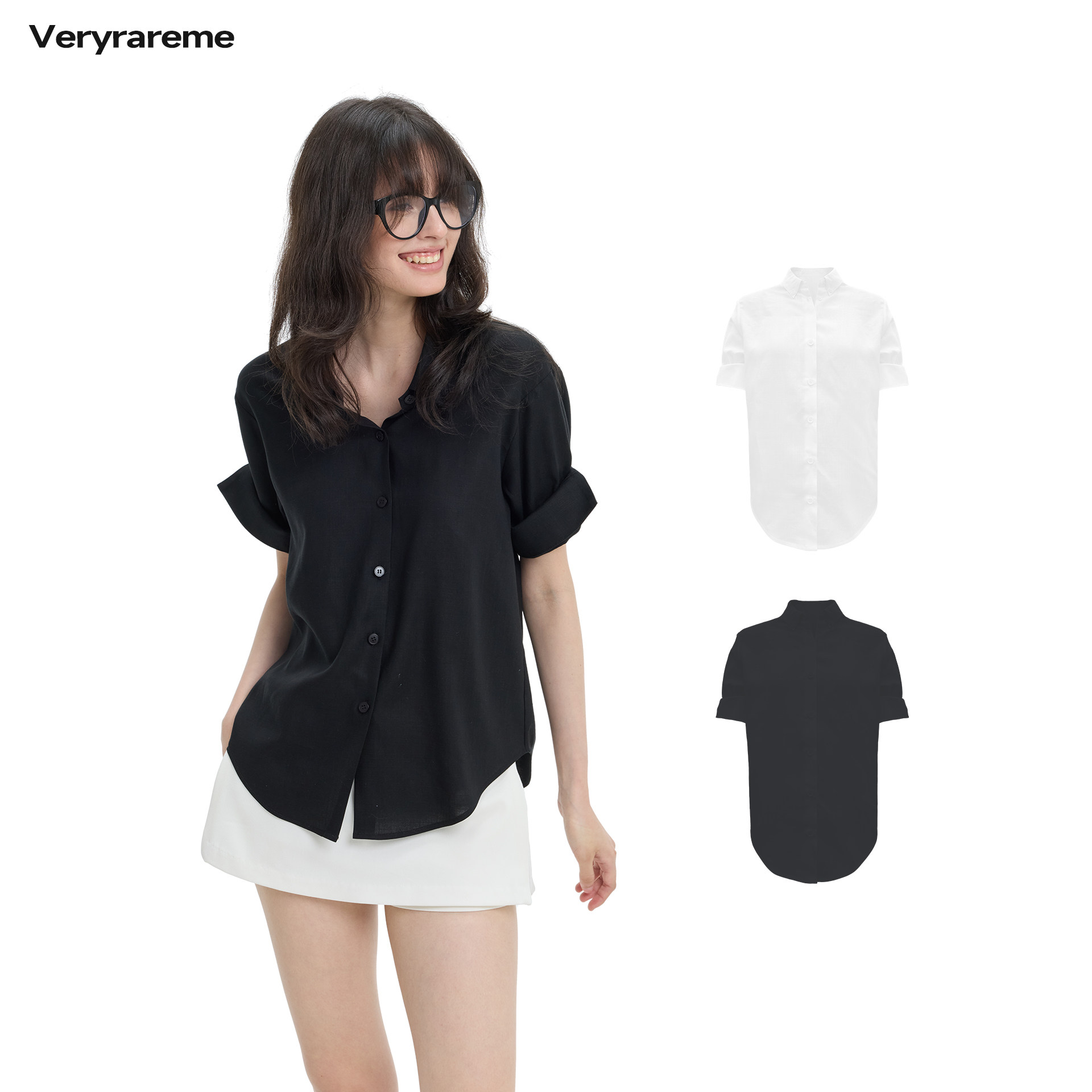 Veryrareme 莱塞尔亚麻手工卷袖短袖衬衫
