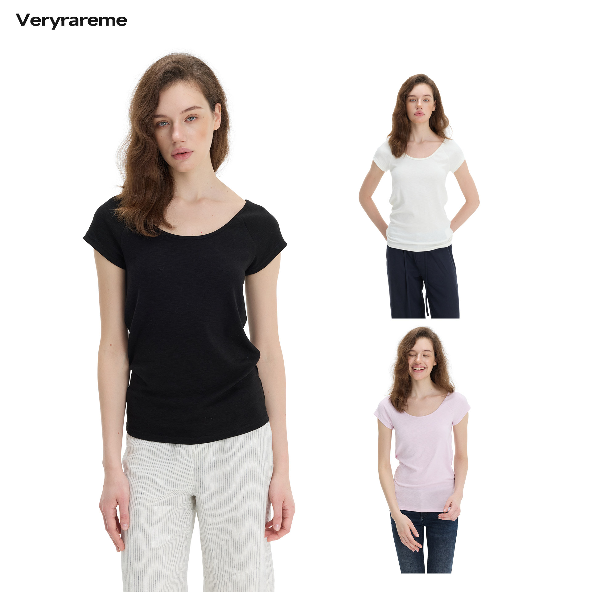 Veryrareme竹节棉U领小飞袖宽松短袖