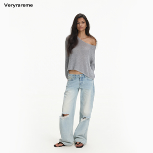 Veryrareme 斜肩镂空针织衫宽松露肩上衣
