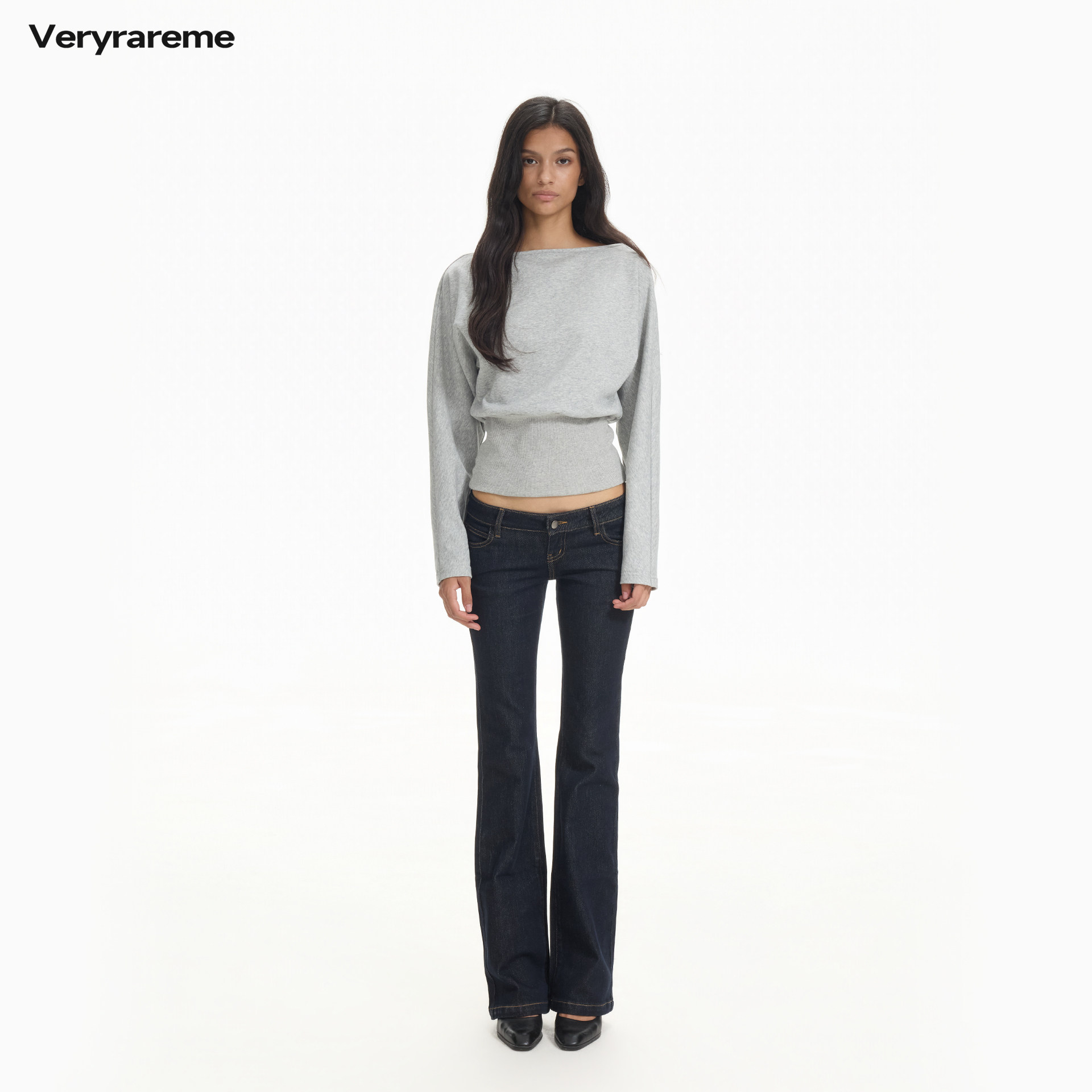 Veryrareme 一字领收腰卫衣慵懒落肩袖上衣