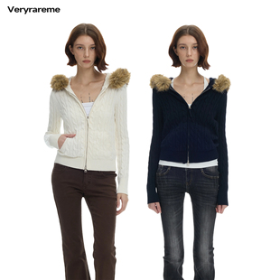 Veryrareme麻花连帽毛领修身 针织毛衣外套 长袖