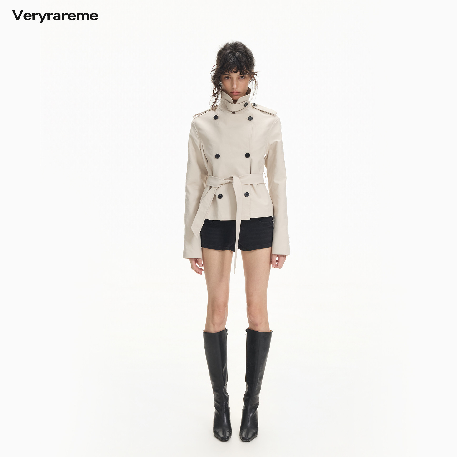 Veryrareme 精梳棉双排扣立领系带短款风衣外套图片