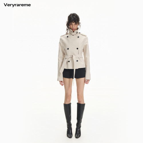 Veryrareme 精梳棉双排扣立领系带短款风衣外套