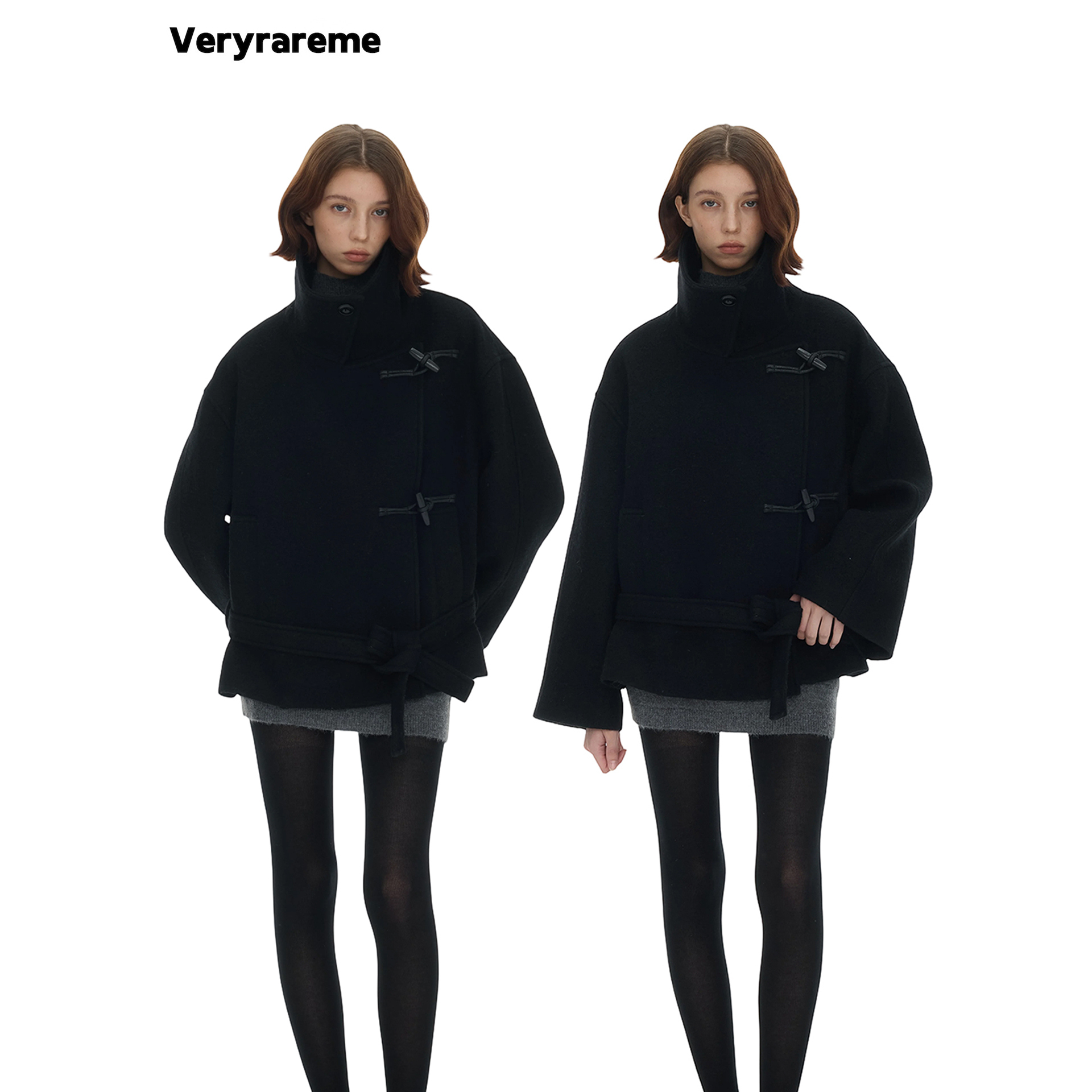 Veryrareme羊毛立领牛角扣宽松系带短款大衣外套