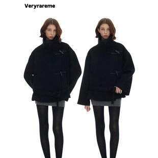 Veryrareme羊毛立领牛角扣宽松系带短款 大衣外套